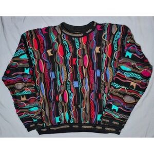Vintage Coogi 90's Biggie Smalls 3D Multicolor Black Knit Sz Large Sweater GRAIL
